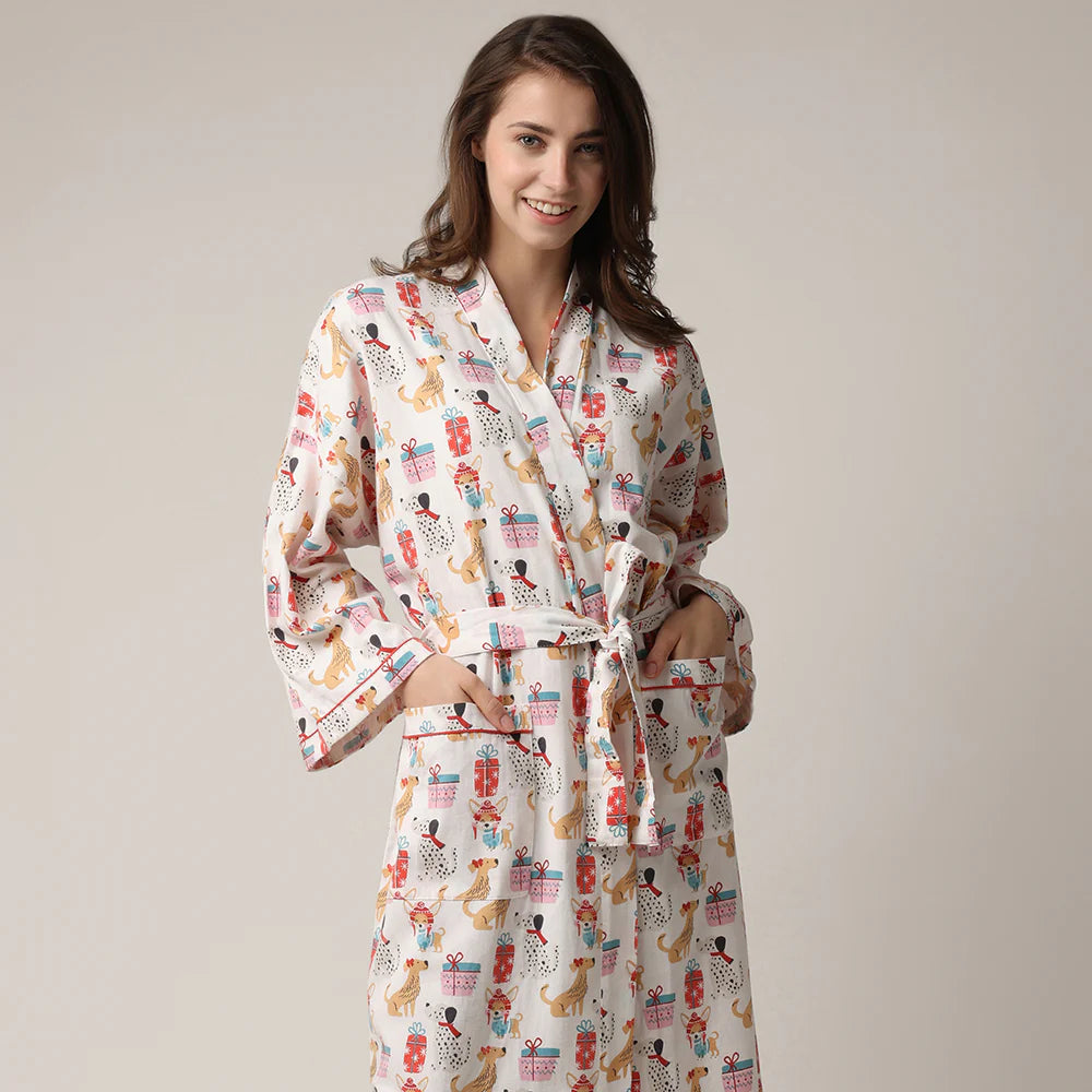women's long flannel robe with dog print for christmas by Mahogany