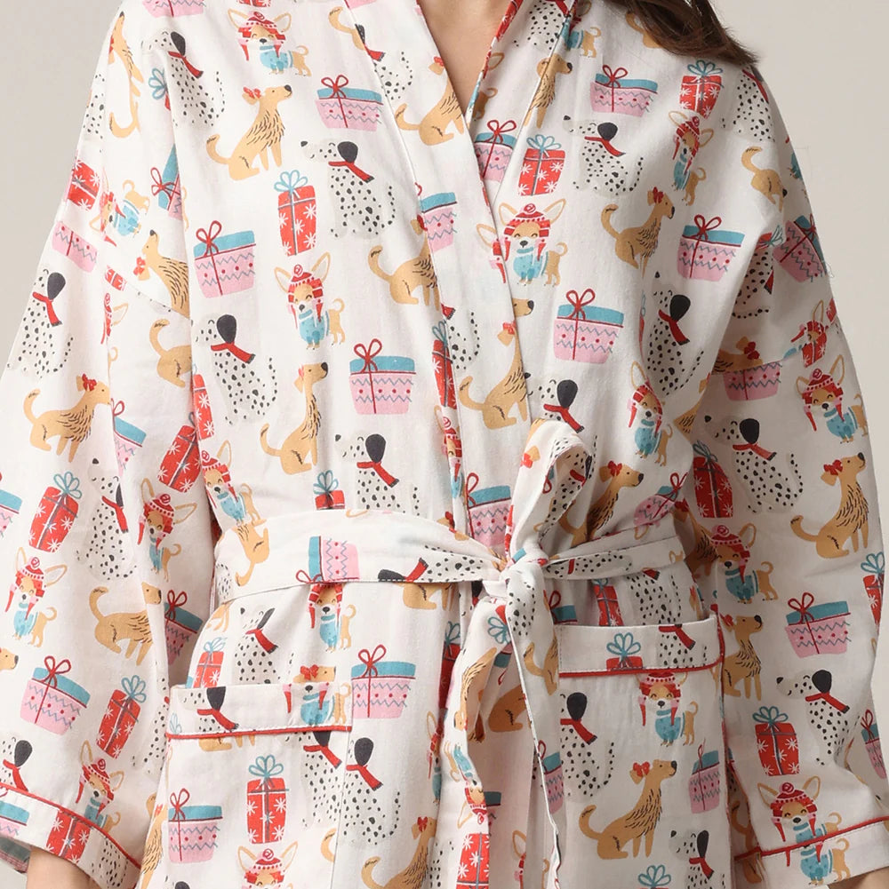 women's long flannel robe with dog print for christmas by Mahogany