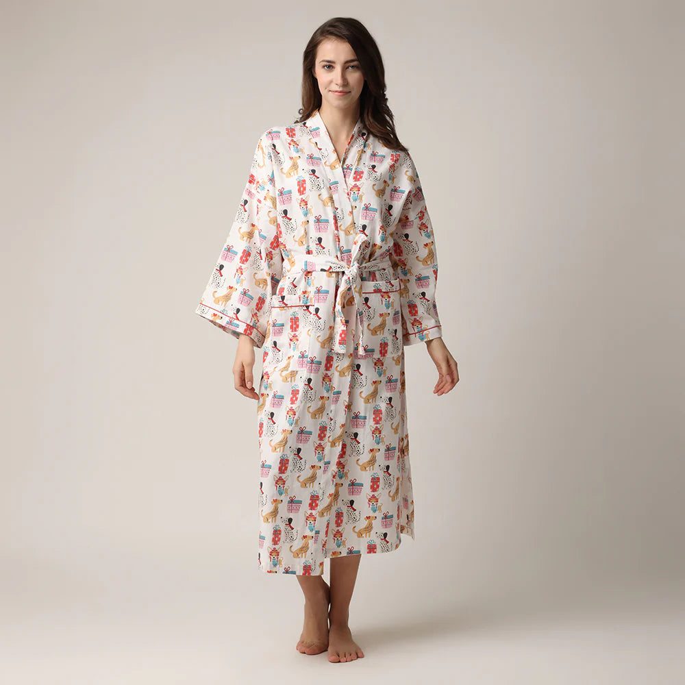 women's long flannel robe with dog print for christmas by Mahogany