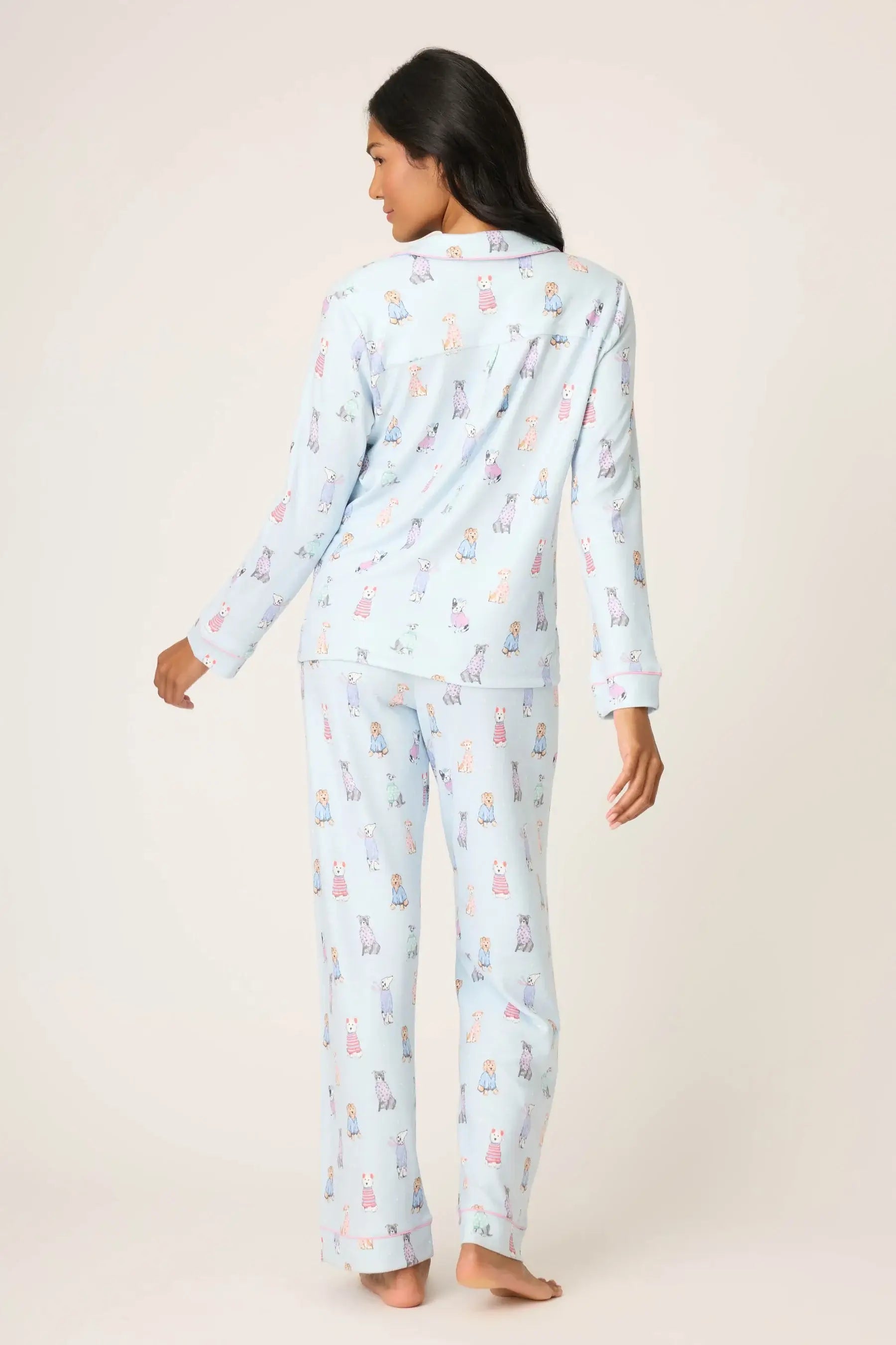 Doggone Cold Pointelle PJ Set in light blue with dog print, featuring a button-up top and straight pants, perfect for cozy nights.