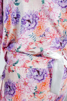 Dream in Blooms Long Sleeve Button Up & Pant Bamboo Lounge Set showcasing floral design and soft fabric details.
