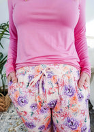 Dream In Blooms Long Sleeve Top & Jogger Bamboo Lounge Set featuring a pink top and floral jogger pants.