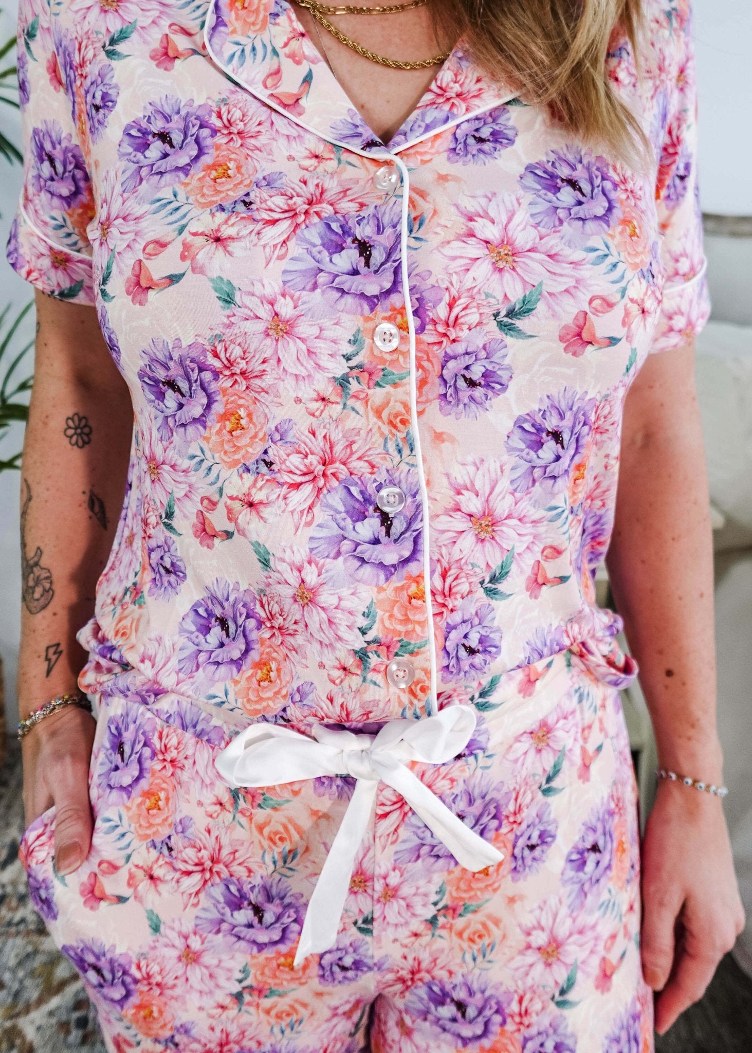 Dream In Blooms Short Sleeve Button Up & Pant Bamboo Lounge Set - Georgia Rylan - Cloud Nine Pajamas