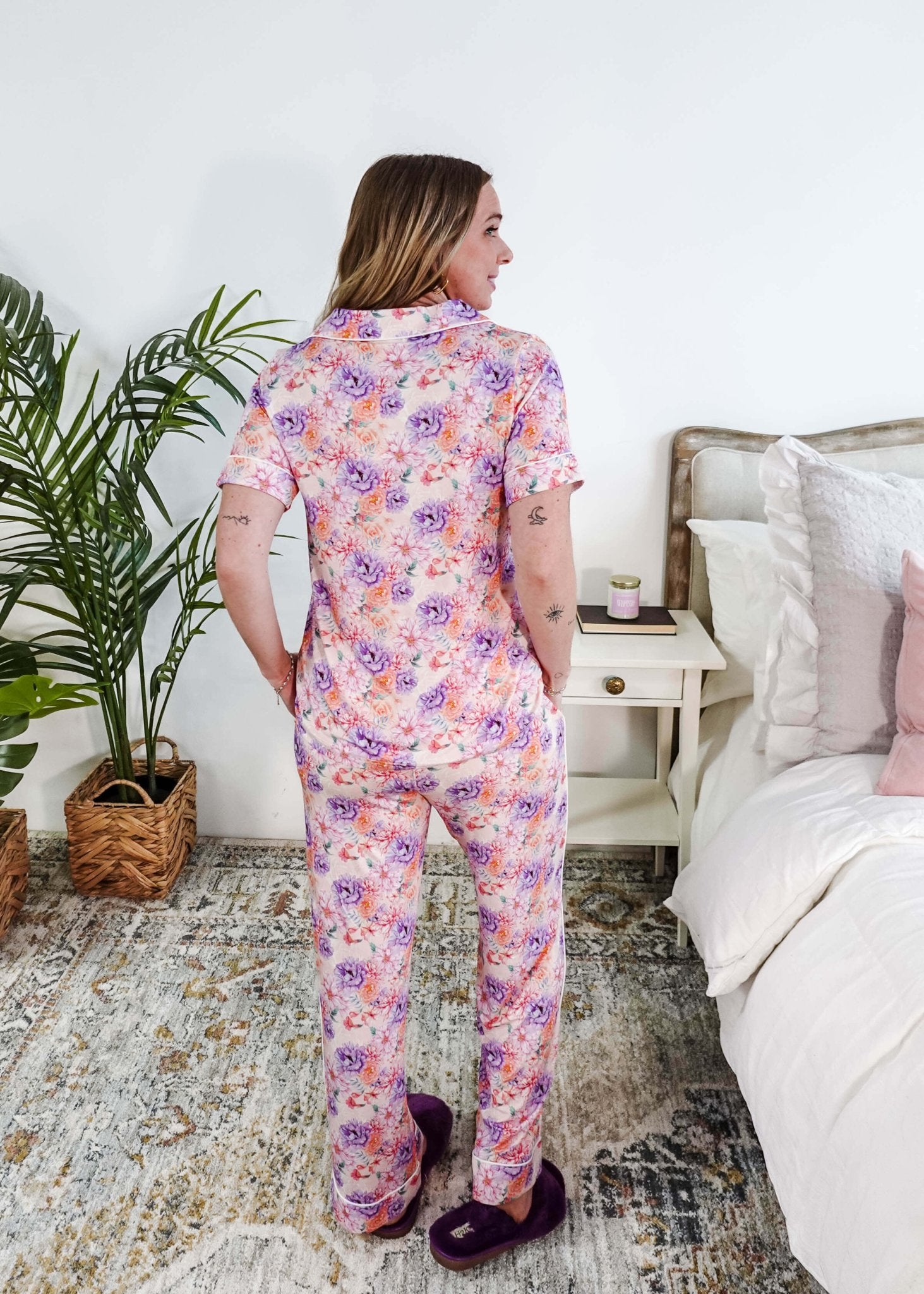Dream In Blooms Short Sleeve Button Up & Pant Bamboo Lounge Set - Georgia Rylan - Cloud Nine Pajamas