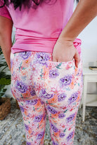 Dream In Blooms Tee & Jogger Bamboo Lounge Set showcasing floral joggers with a pocket and bubblegum pink tee.
