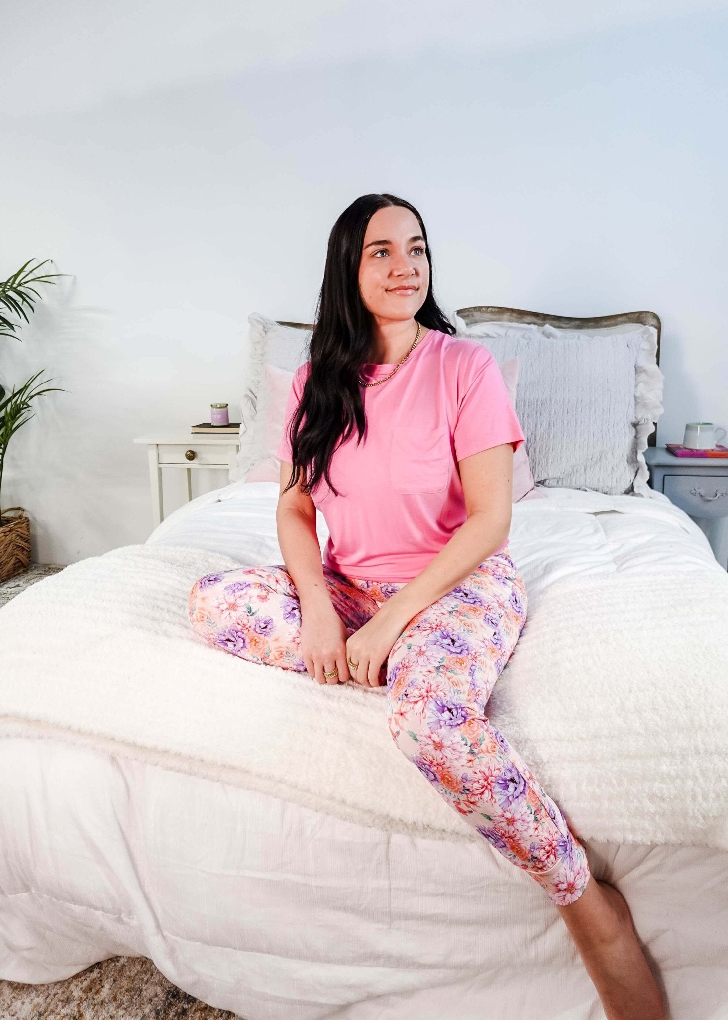 Bubblegum Pink/Dream In Blooms Tee & Jogger Bamboo Lounge Set