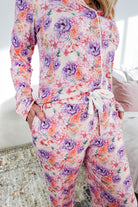 Dream in Blooms Long Sleeve Button Up & Pant Bamboo Lounge Set in a floral pattern with pockets.