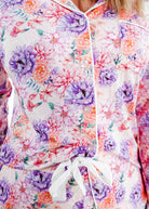 Dream in Blooms Long Sleeve Button Up & Pant Bamboo Lounge Set with vibrant floral pattern and stylish piped detailing.