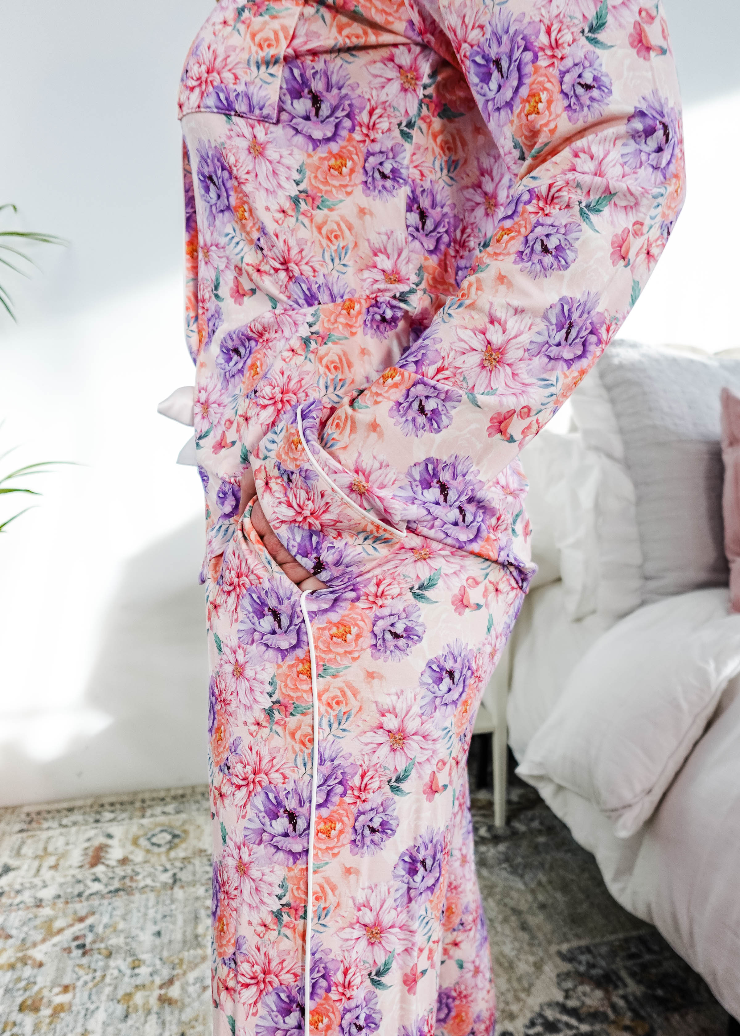 Dream in Blooms Long Sleeve Button Up & Pant Bamboo Lounge Set featuring floral design and cozy fit.