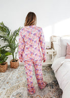 Dream in Blooms Long Sleeve Button Up & Pant Bamboo Lounge Set in colorful floral design, shown from the back.