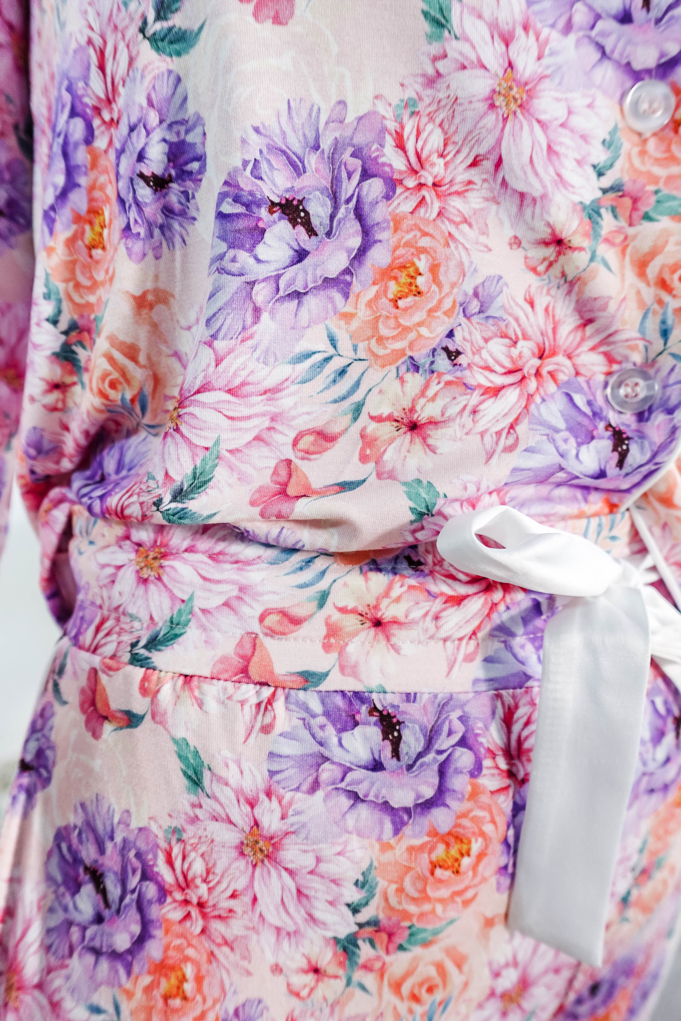 Dream in Blooms Long Sleeve Button Up & Pant Bamboo Lounge Set showcasing floral design and soft fabric details.