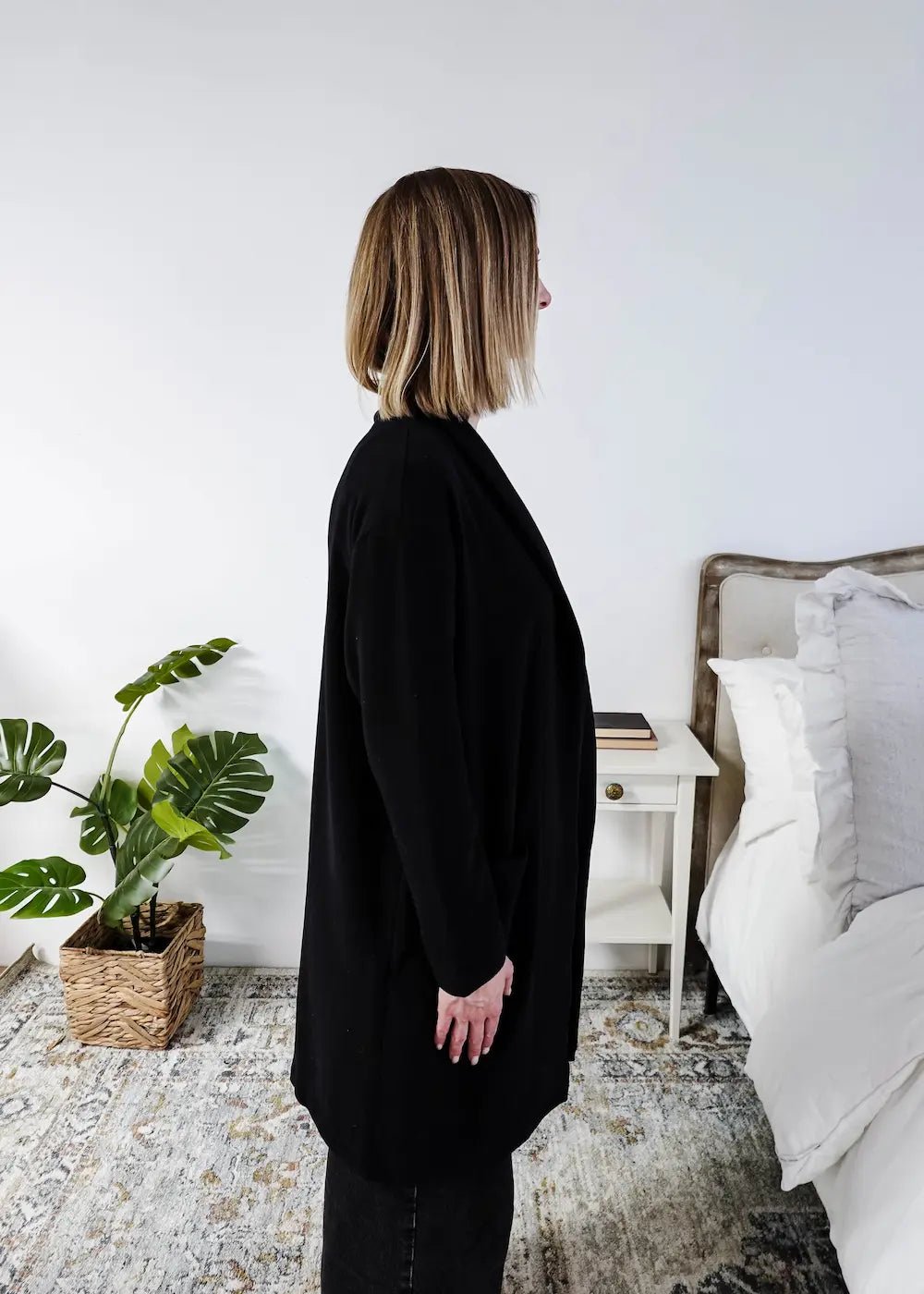 Miranda Nic Elevate Classic Cardigan black open front long length deep pockets  collared— Cloud Nine Pajamas