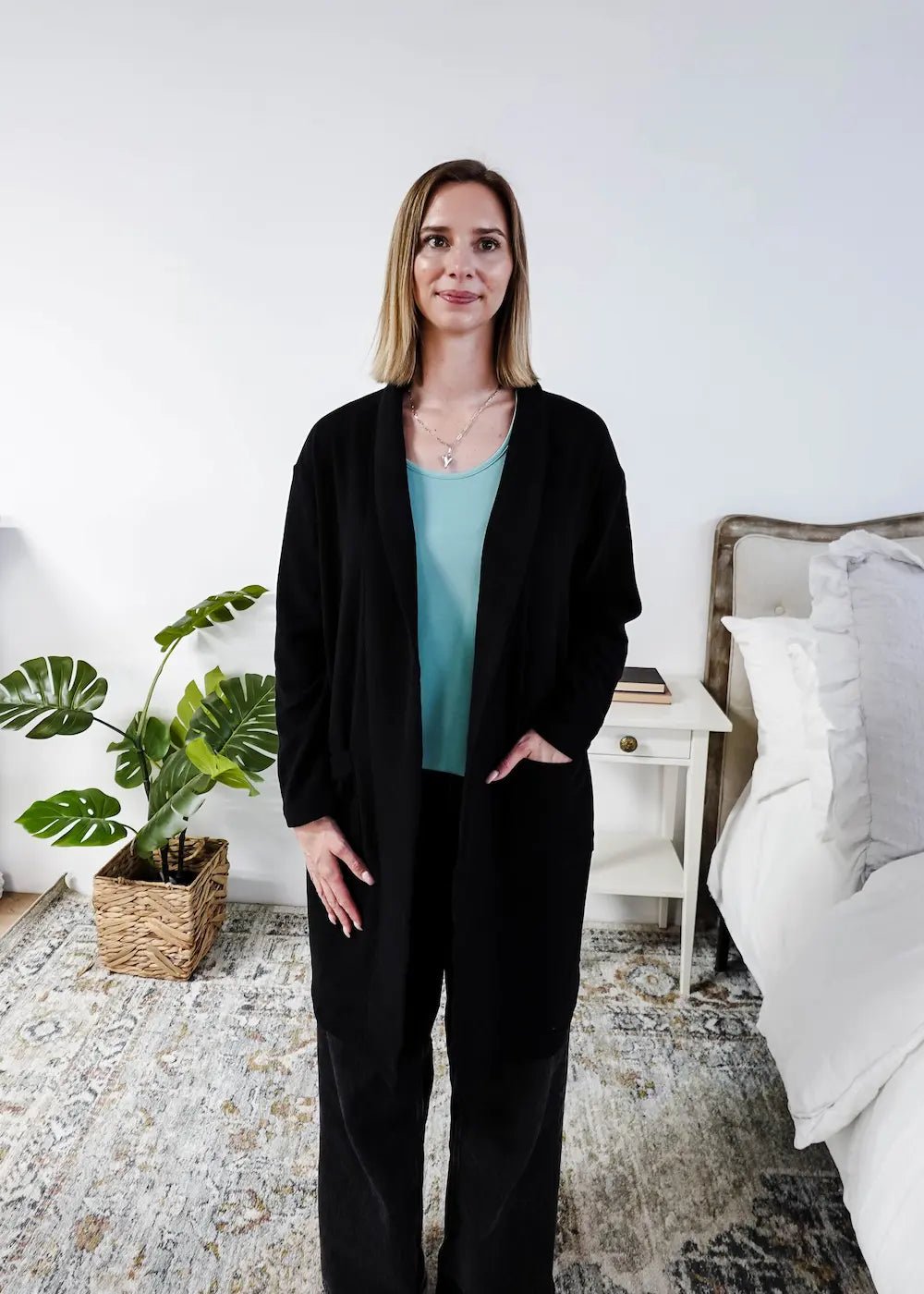 Miranda Nic Elevate Classic Cardigan black open front long length deep pockets  collared— Cloud Nine Pajamas
