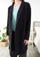 Miranda Nic Elevate Classic Cardigan black open front long length deep pockets  collared— Cloud Nine Pajamas