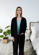 Miranda Nic Elevate Classic Cardigan black open front long length deep pockets  collared— Cloud Nine Pajamas