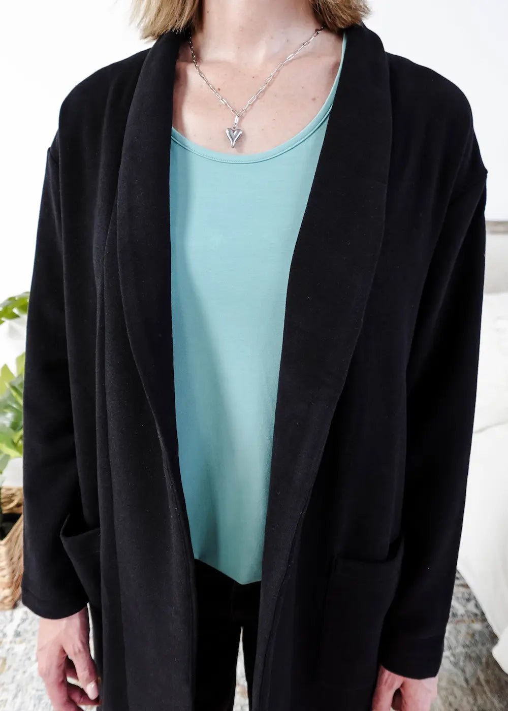 Miranda Nic Elevate Classic Cardigan black open front long length deep pockets  collared— Cloud Nine Pajamas