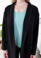 Miranda Nic Elevate Classic Cardigan black open front long length deep pockets  collared— Cloud Nine Pajamas