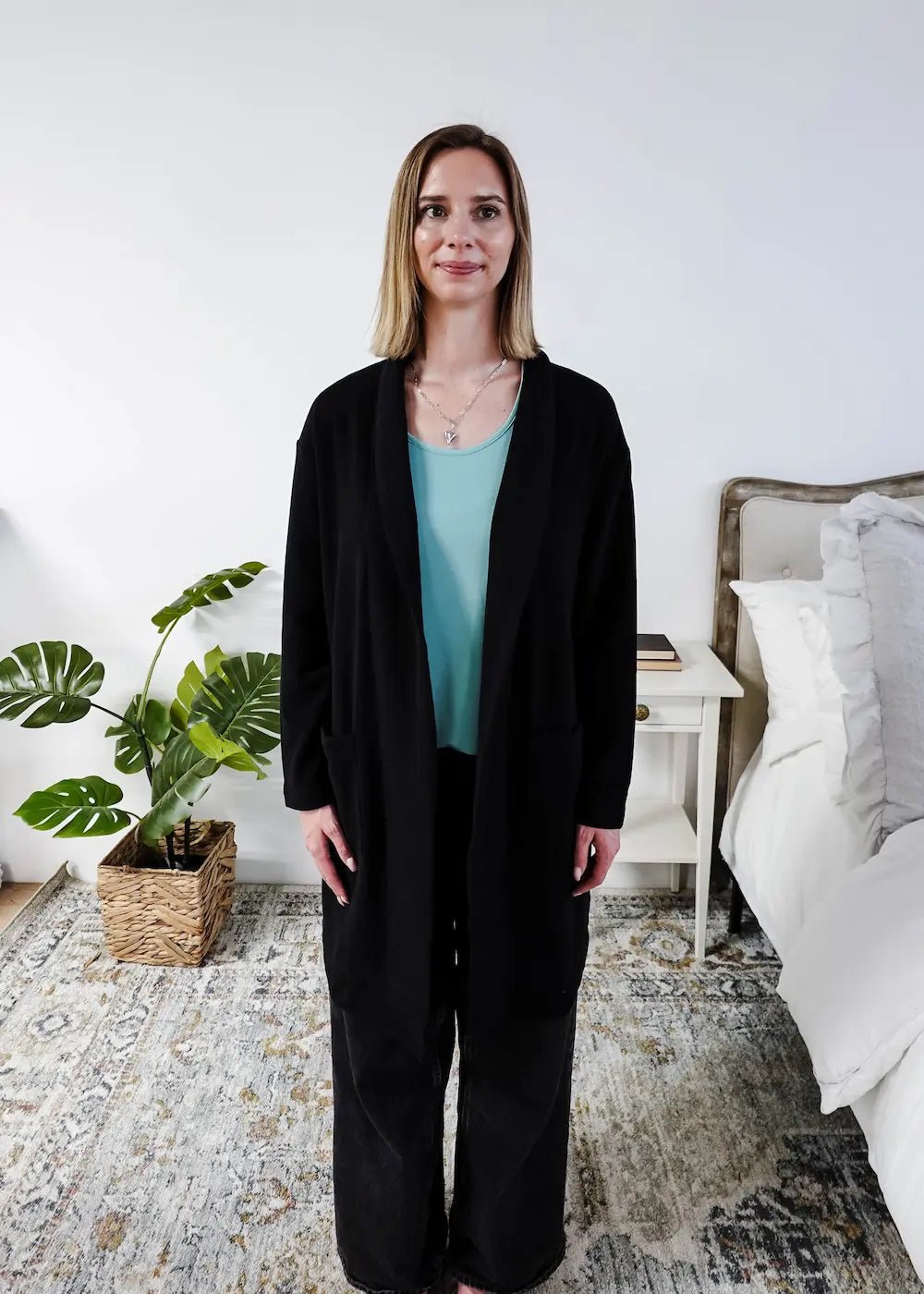 Miranda Nic Elevate Classic Cardigan black open front long length deep pockets  collared— Cloud Nine Pajamas