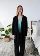Miranda Nic Elevate Classic Cardigan black open front long length deep pockets  collared— Cloud Nine Pajamas