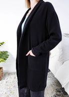 Miranda Nic Elevate Classic Cardigan black open front long length deep pockets  collared— Cloud Nine Pajamas