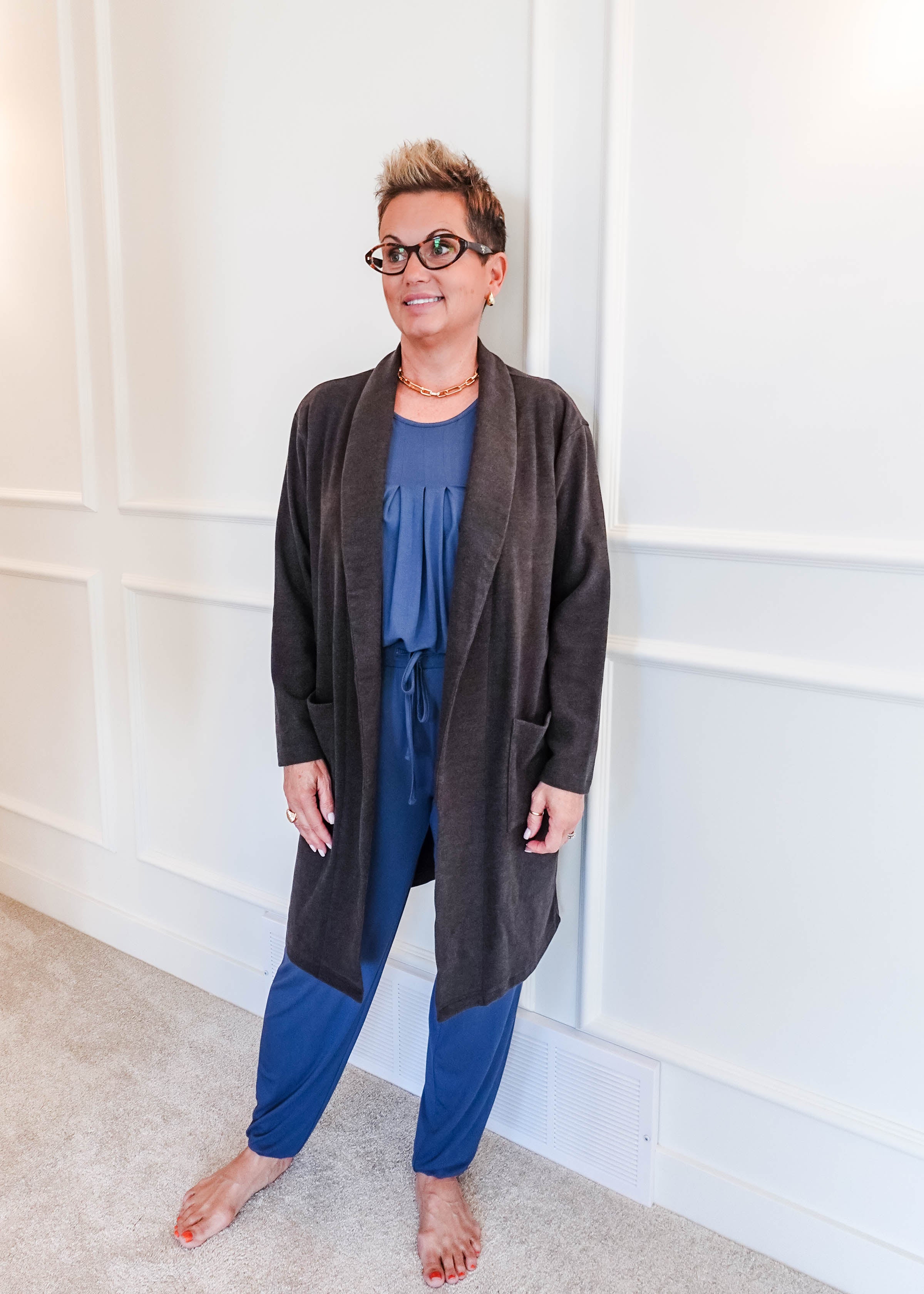 women's structured bamboo blend cardigan long with pockets and collar