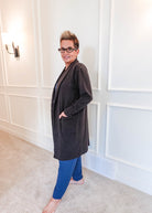 women's structured bamboo blend cardigan long with pockets and collar