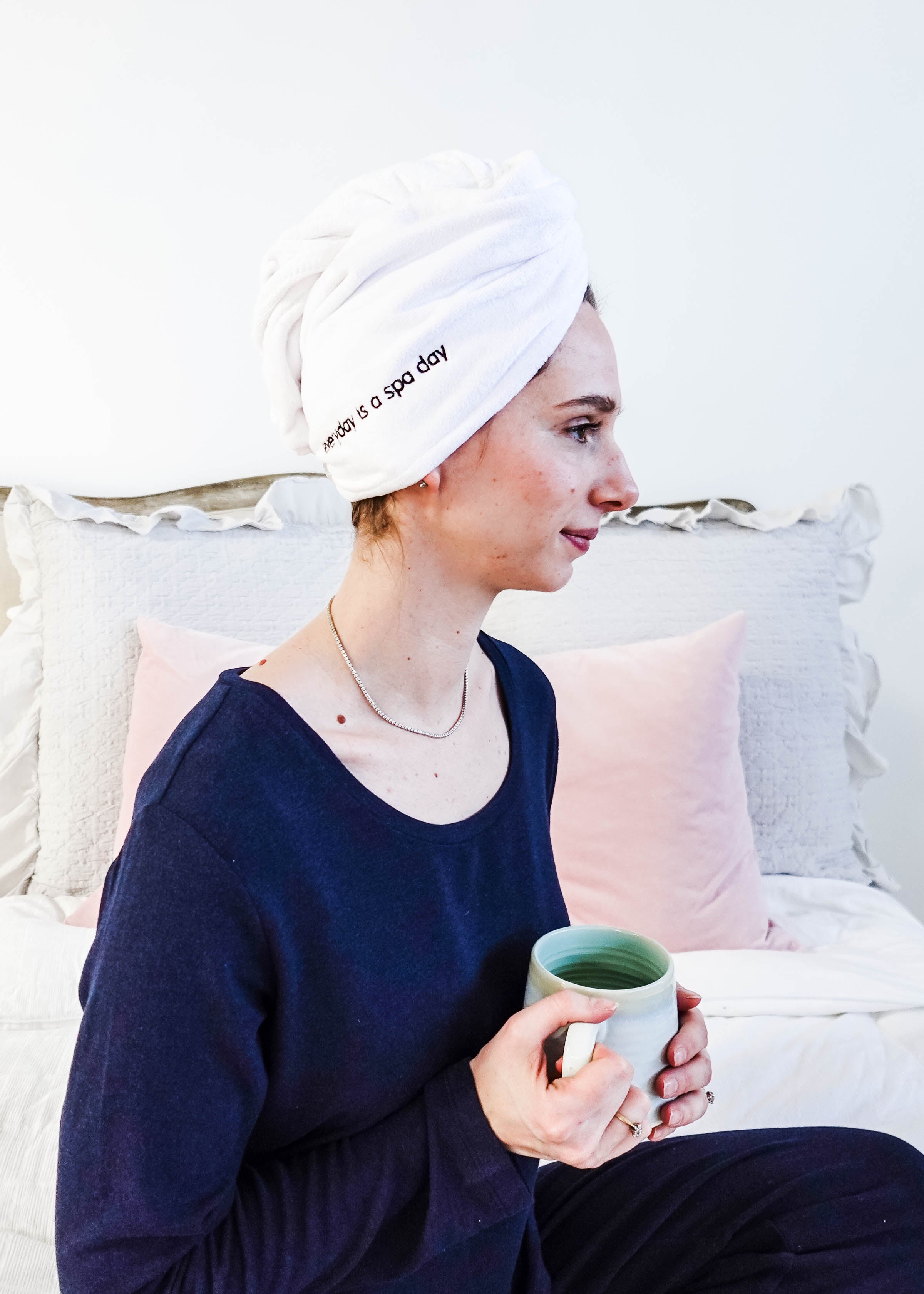 "Every Day is a Spa Day" Quick Dry Hair Towel Wrap model wearing hair wrap  showing side