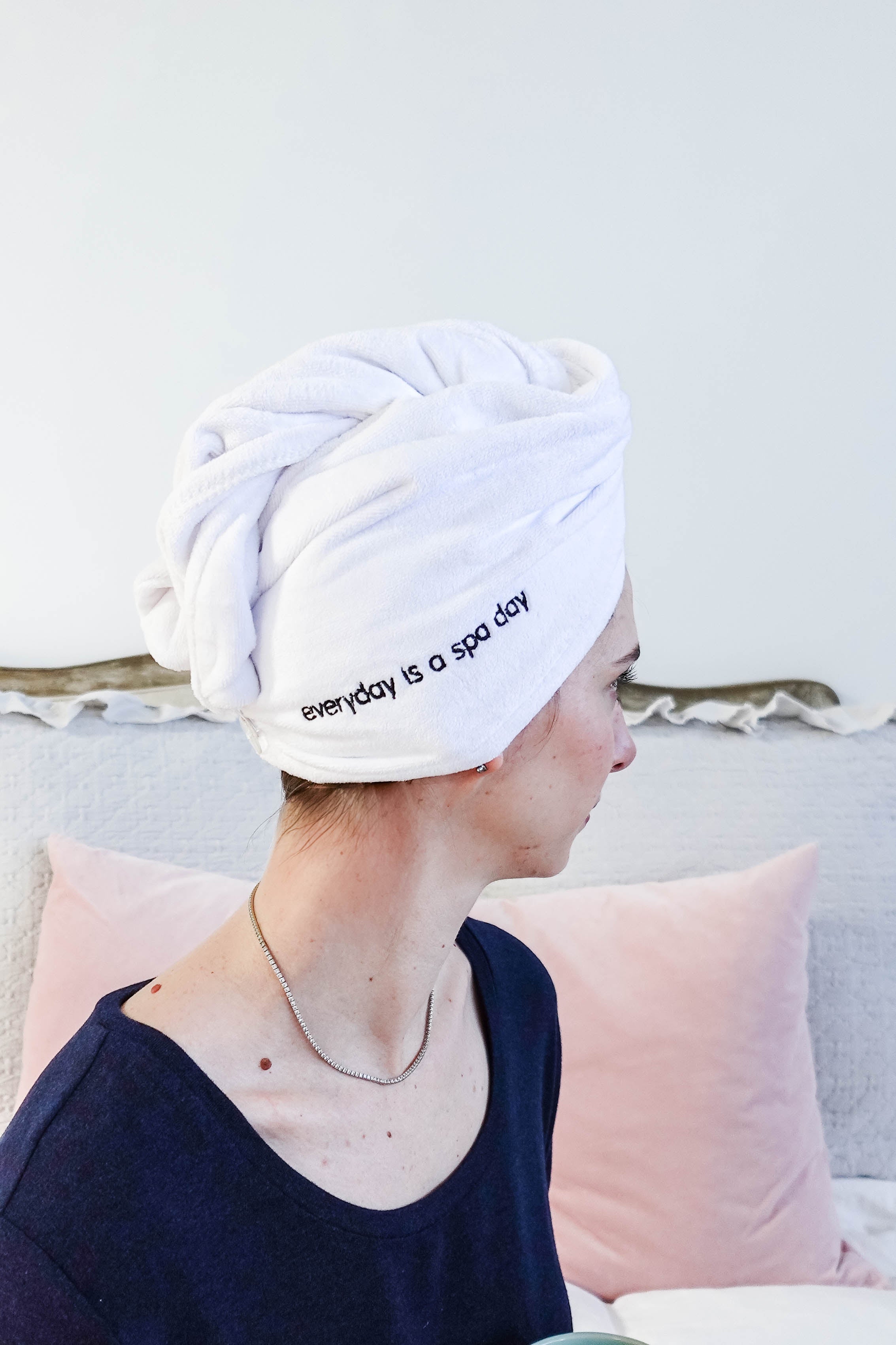 "Every Day is a Spa Day" Quick Dry Hair Towel Wrap model wearing hair wrap  showing side and embroidery