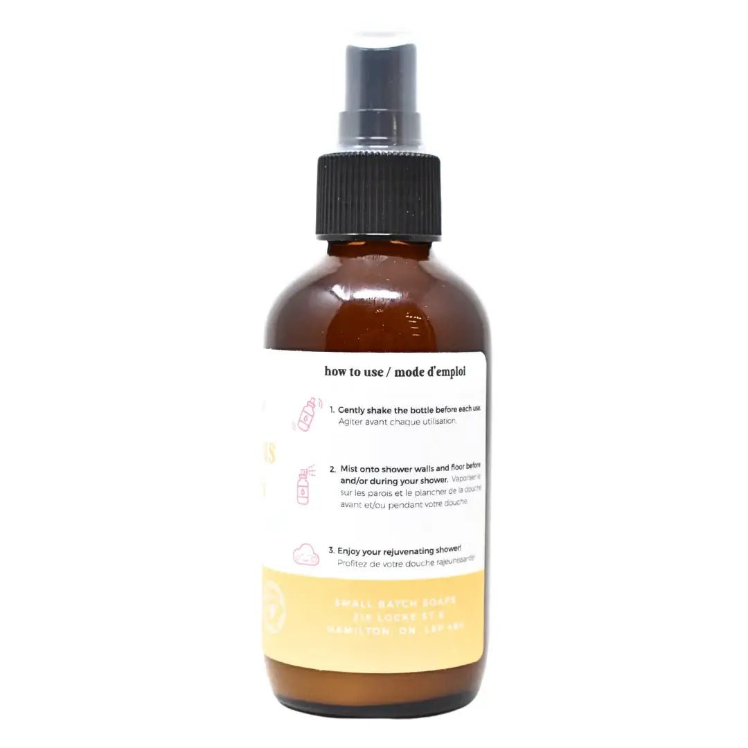 Eucalyptus Citrus Shower Mist bottle with instructions for use, suitable for creating a spa-like shower experience.
