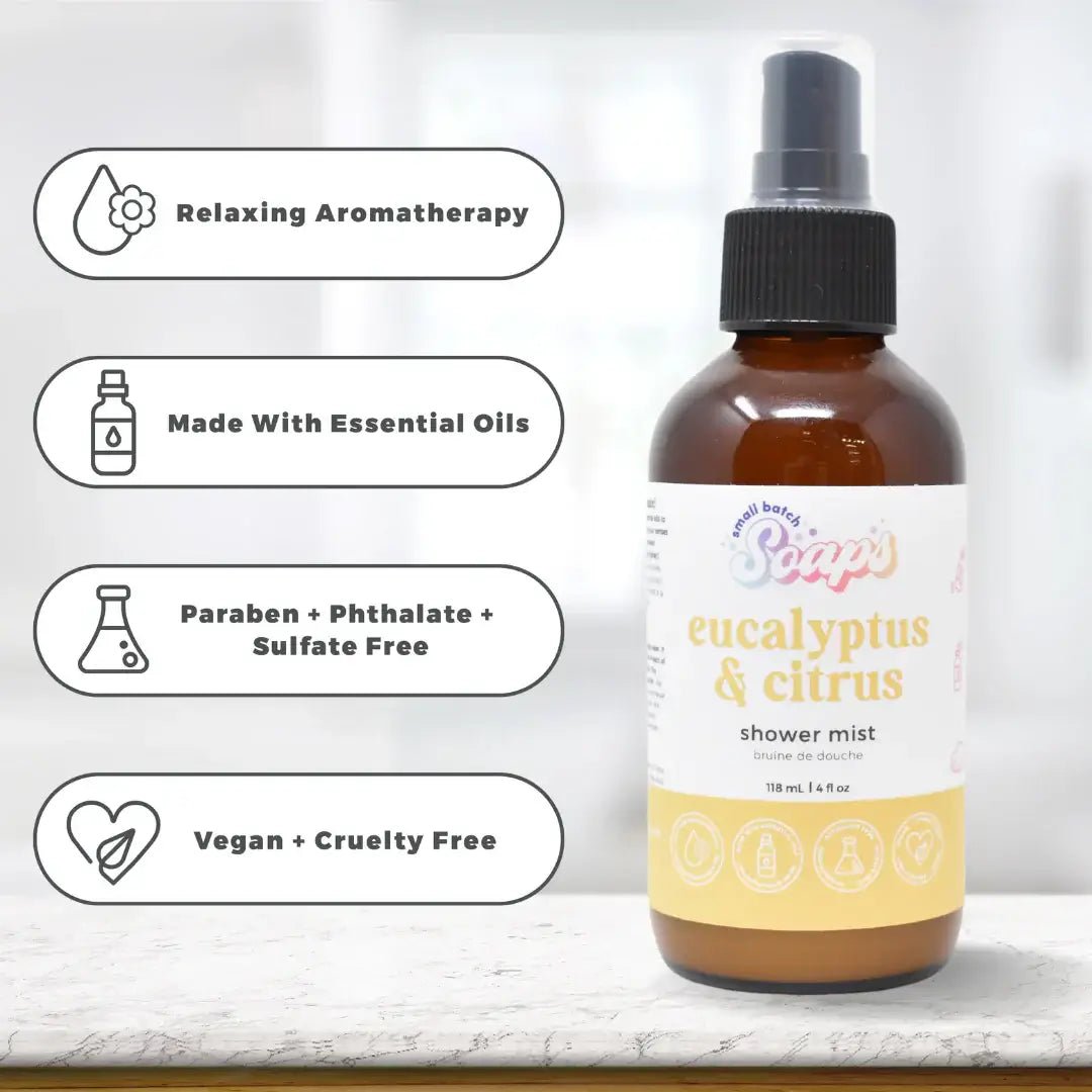 Eucalyptus Citrus Shower Mist bottle showcasing relaxing aromatherapy benefits and essential oils.