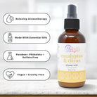 Eucalyptus Citrus Shower Mist bottle showcasing relaxing aromatherapy benefits and essential oils.