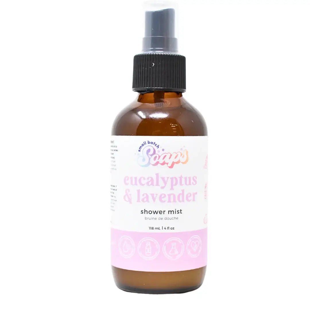 Eucalyptus Lavender Shower Mist bottle, calming essential oils for a spa-like shower experience.