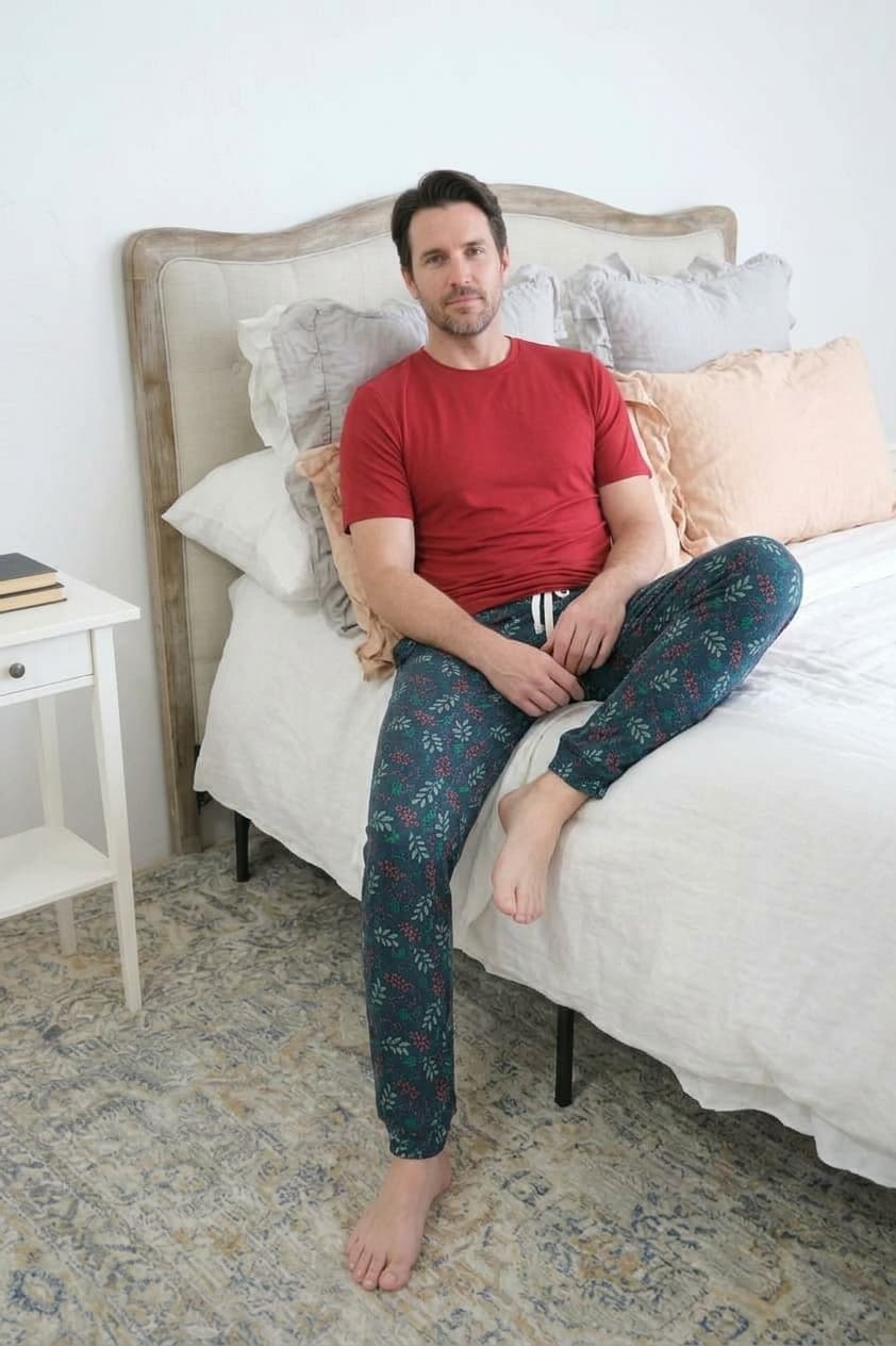 Bob's Sleepwear Co. Evergreen Dreams Bamboo Jogger Pant lifestyle on model — Cloud Nine Pajamas Edmonton