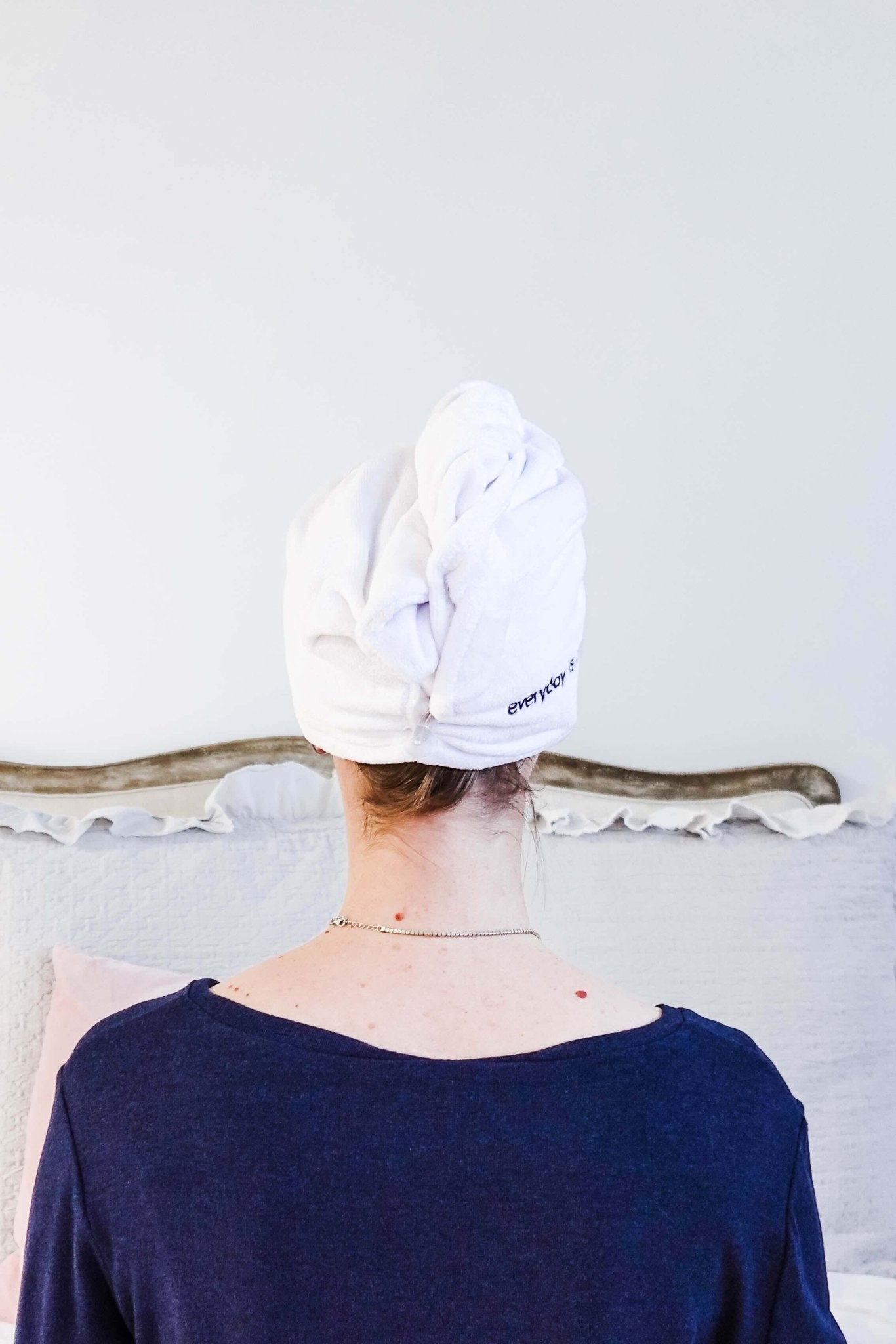 "Every Day is a Spa Day" Quick Dry Hair Towel Wrap model wearing hair wrap  showing back