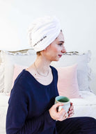 "Every Day is a Spa Day" Quick Dry Hair Towel Wrap model wearing hair wrap  showing side