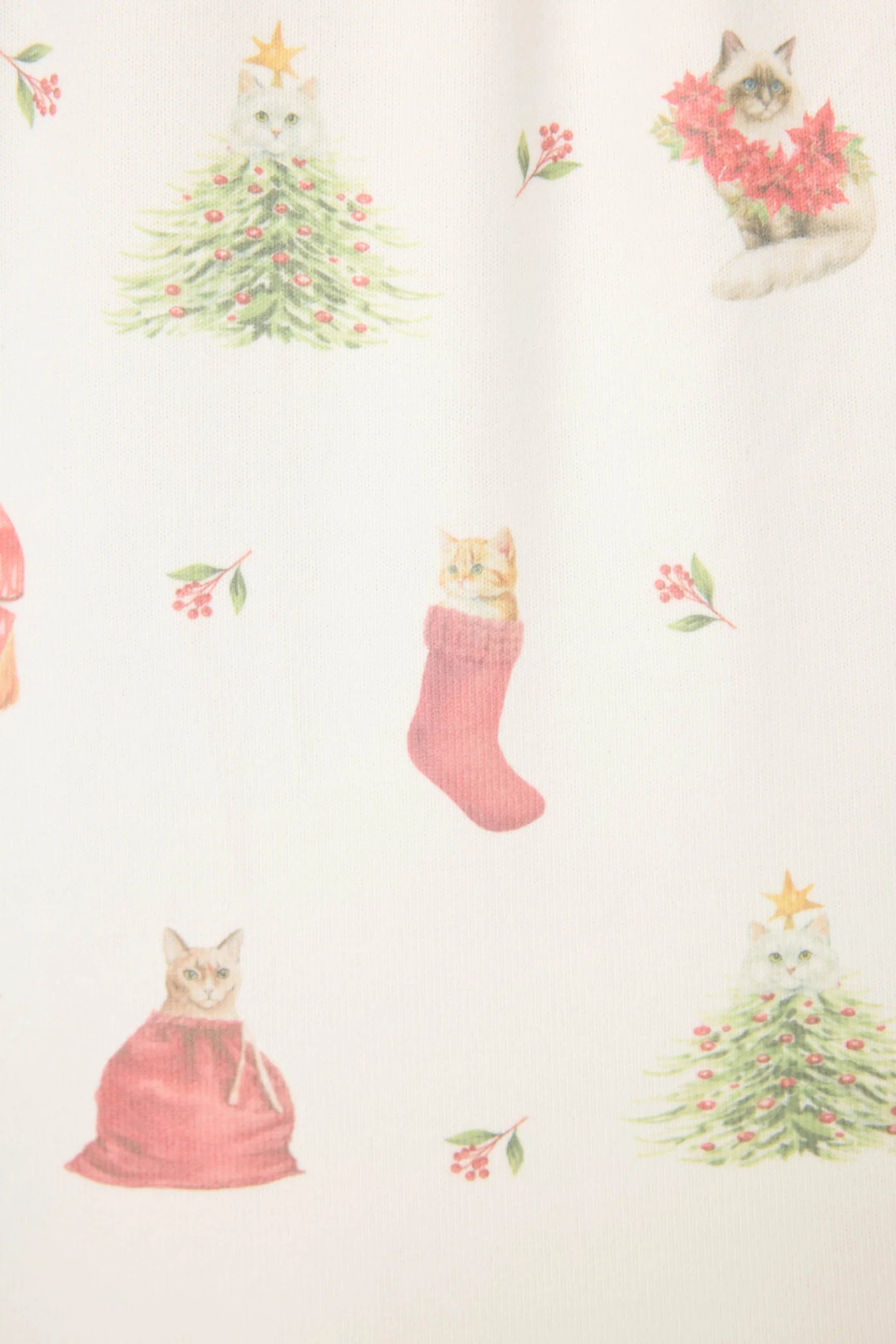 Feline Festive Cat Print PJ Set by PJ Salvage - Close up of print cat and christmas bauble prints like presents, stockings and christmas trees on ivory background