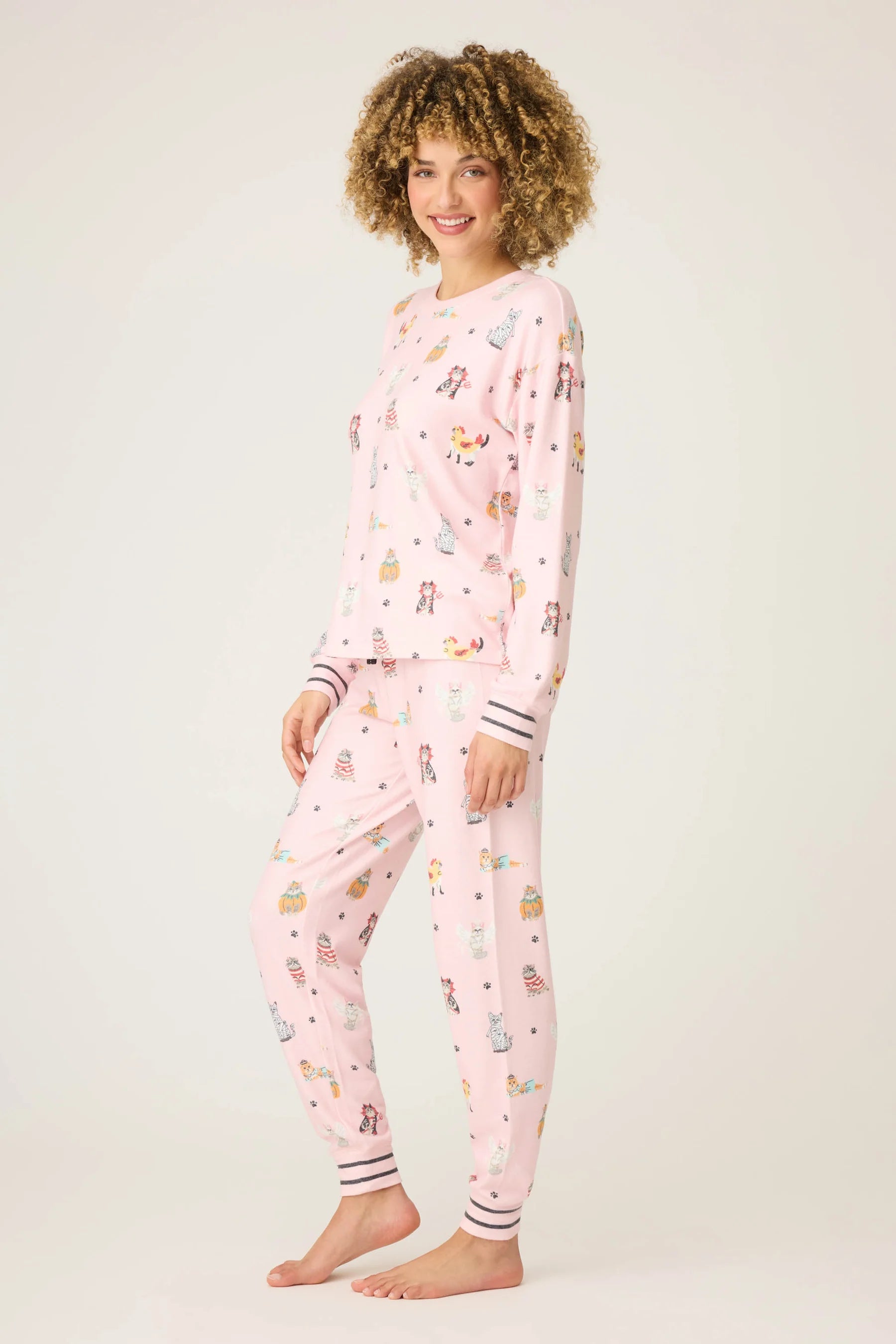 side view of Feline Spooky Halloween Cat Print Jogger PJ Set by PJ Salvage available in Canada