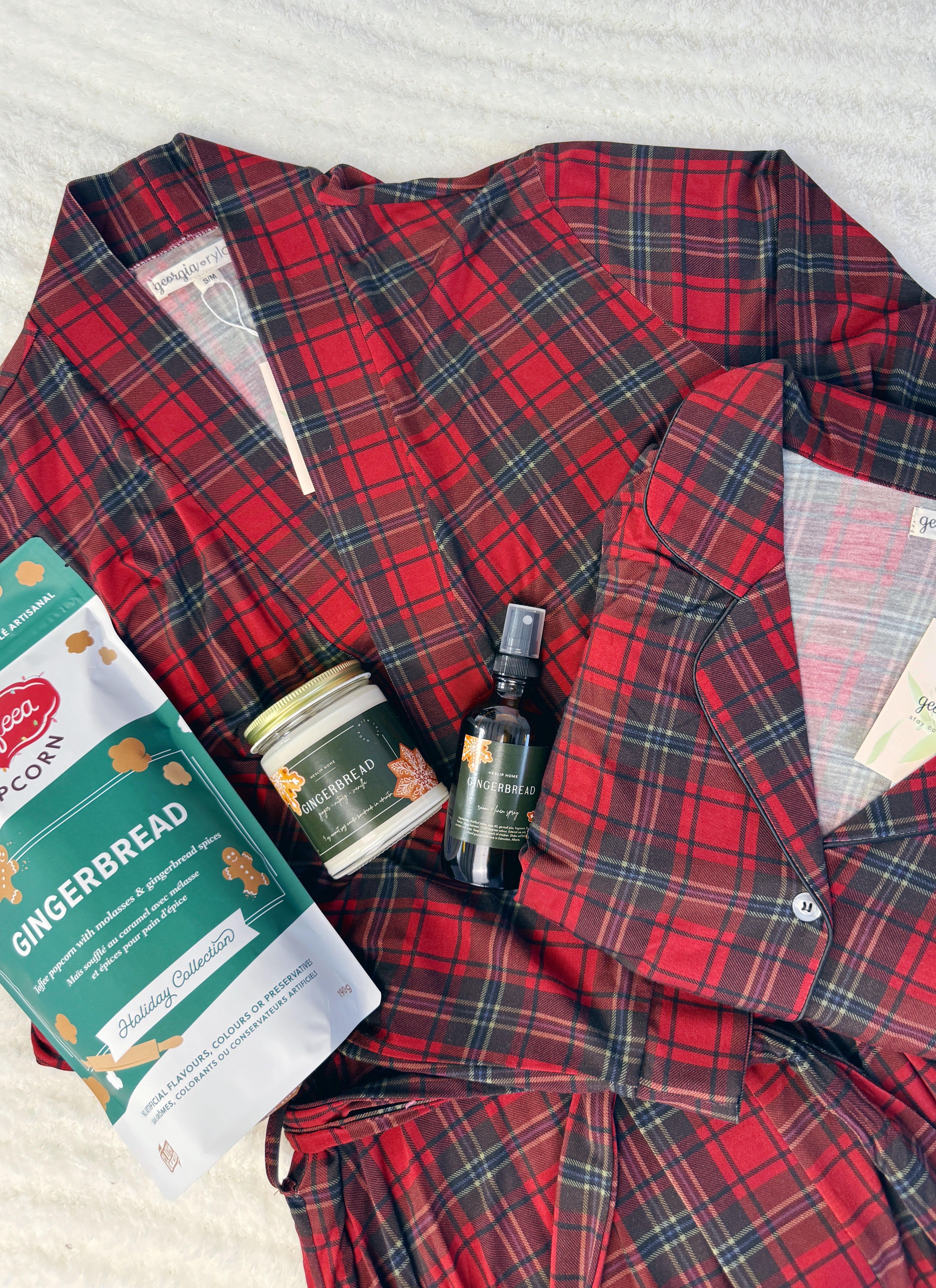 Festive Feeling Gift Set in Red Plaid robe & Pajamas with Gingerbread treats and Candle, One stope gift for Her, Mom, Sister, Wife