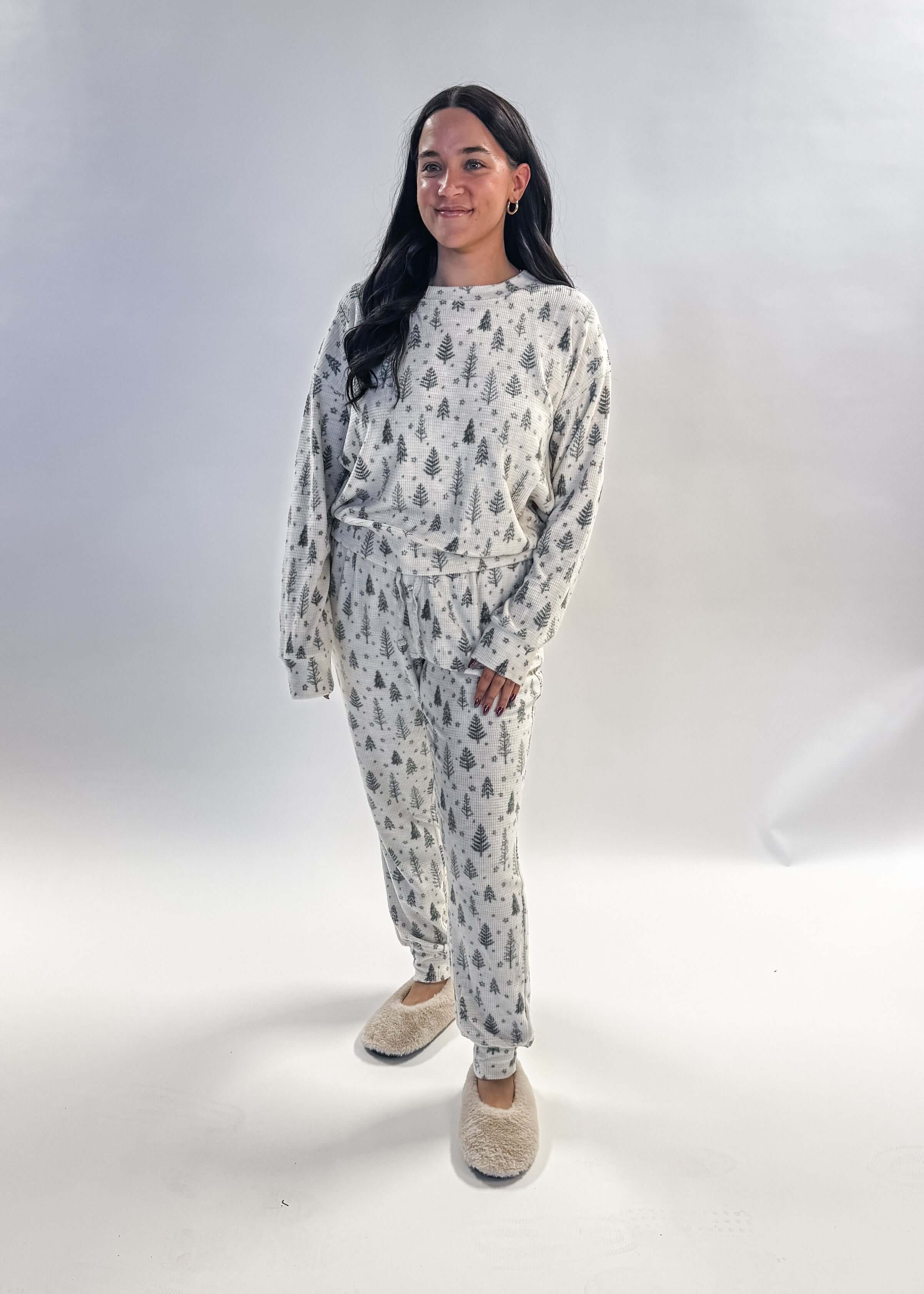 woman's holiday waffle knit pj set with thermal fabric and spruce tree print - Splendid