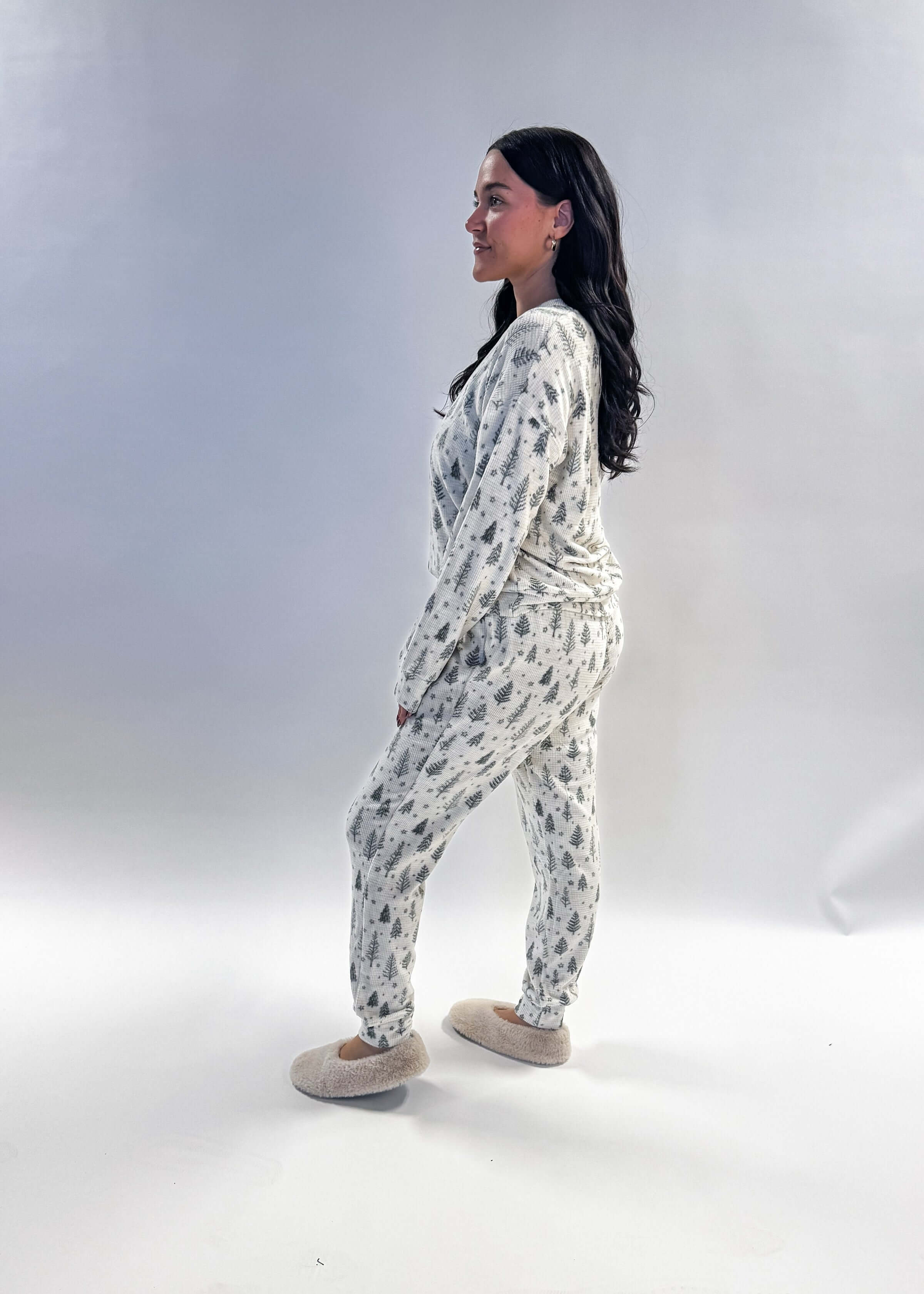 woman's holiday waffle knit pj set with thermal fabric and spruce tree print - Splendid