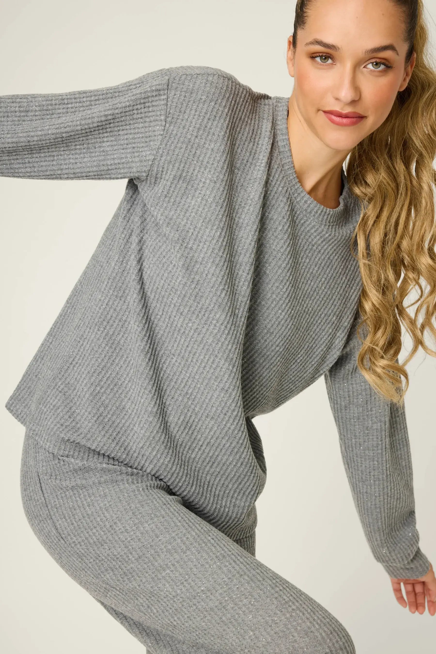 Charcoal Fireside Sparkle Brushed Thermal PJ Set | Long Sleeve Top & Jogger Pants | PJ Salvage