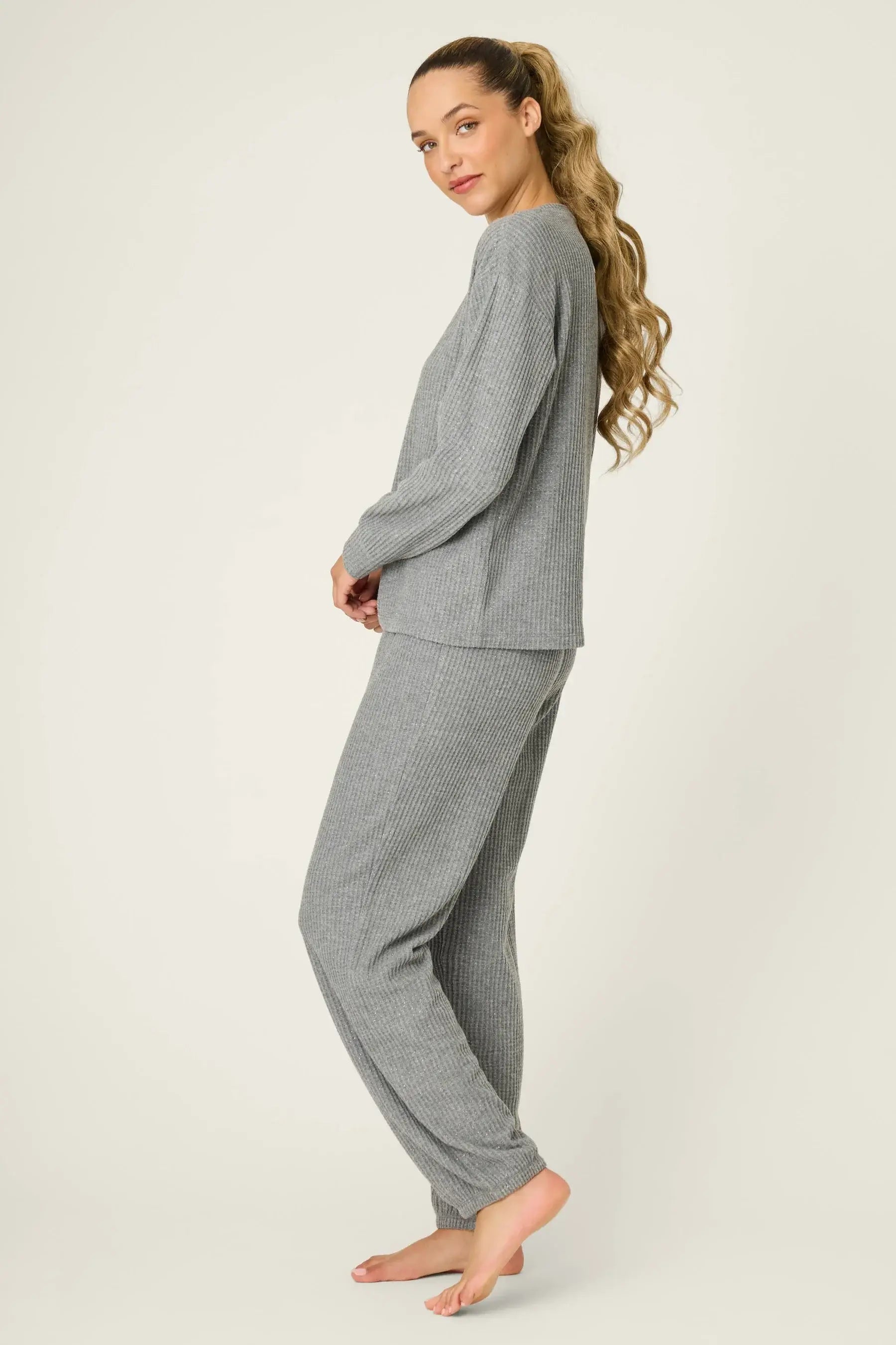 Charcoal Fireside Sparkle Brushed Thermal PJ Set | Long Sleeve Top & Jogger Pants | PJ Salvage