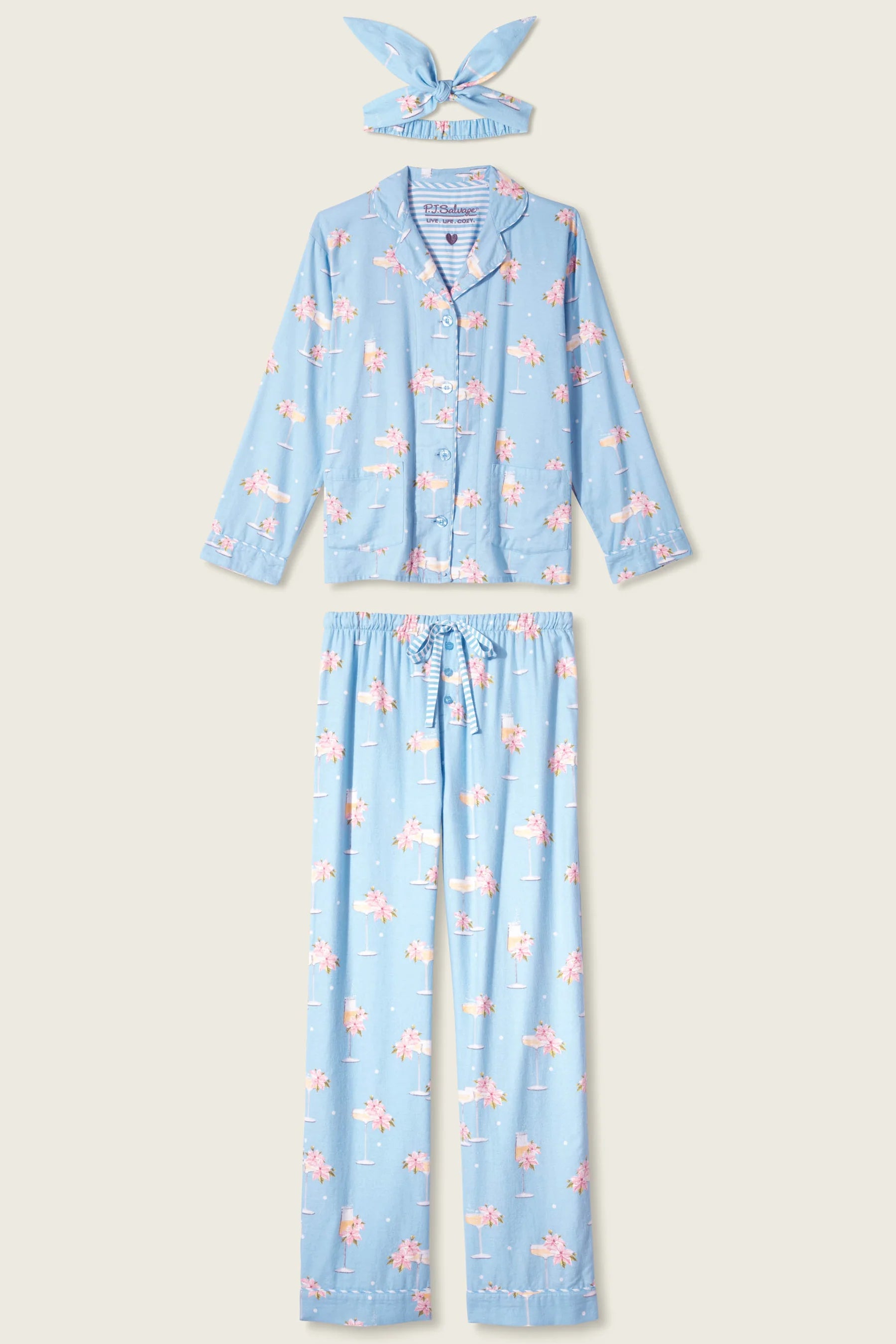 Fizz The Season Flannel Set | PJ Salvage Champagne Print Button-Up Pajamas women's light blue flannel pajamas with champagne and poinsettia print