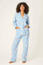Fizz The Season Flannel Set | PJ Salvage Champagne Print Button-Up Pajamas women's light blue flannel pajamas with champagne and poinsettia print