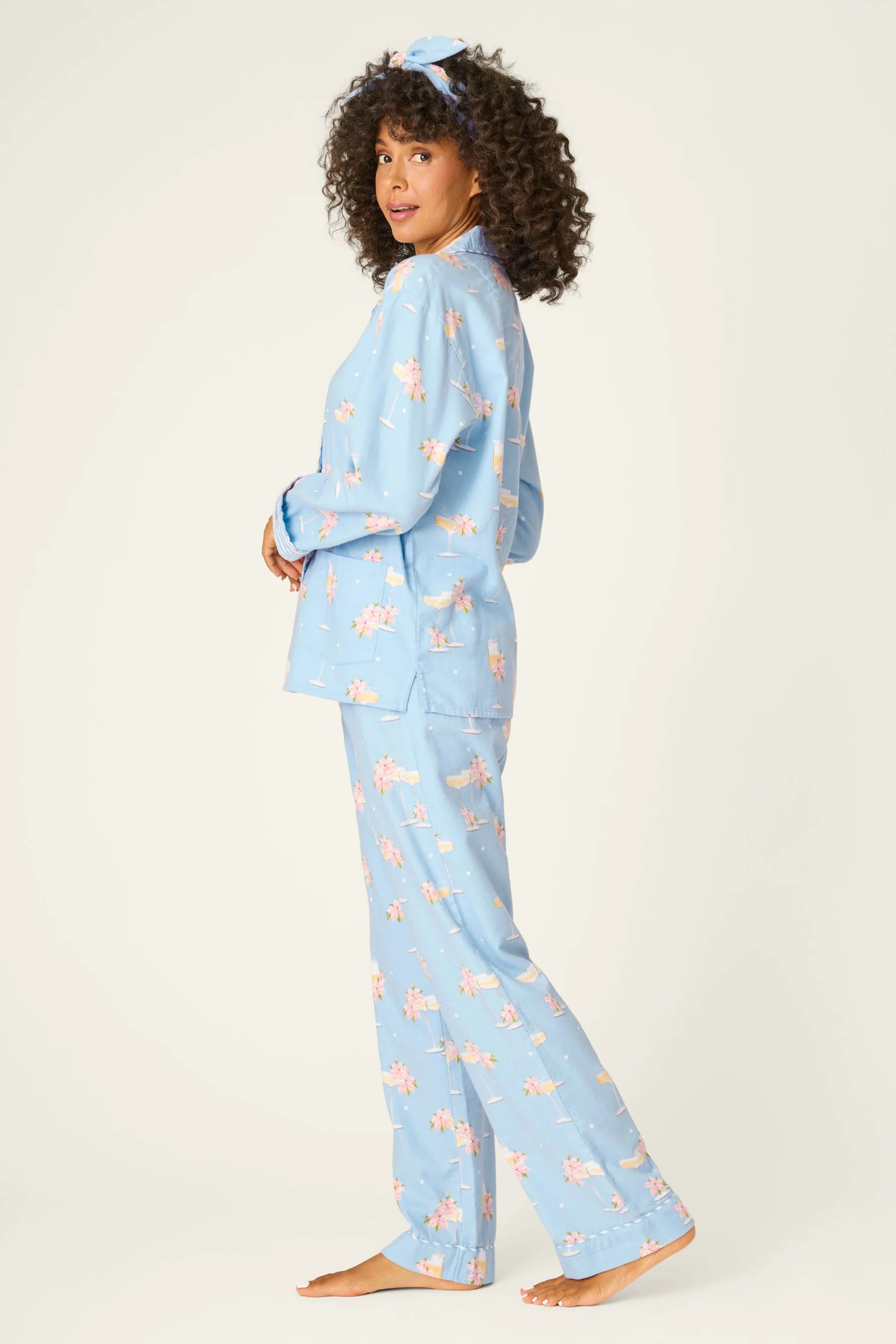 Fizz The Season Flannel Set | PJ Salvage Champagne Print Button-Up Pajamas women's light blue flannel pajamas with champagne and poinsettia print
