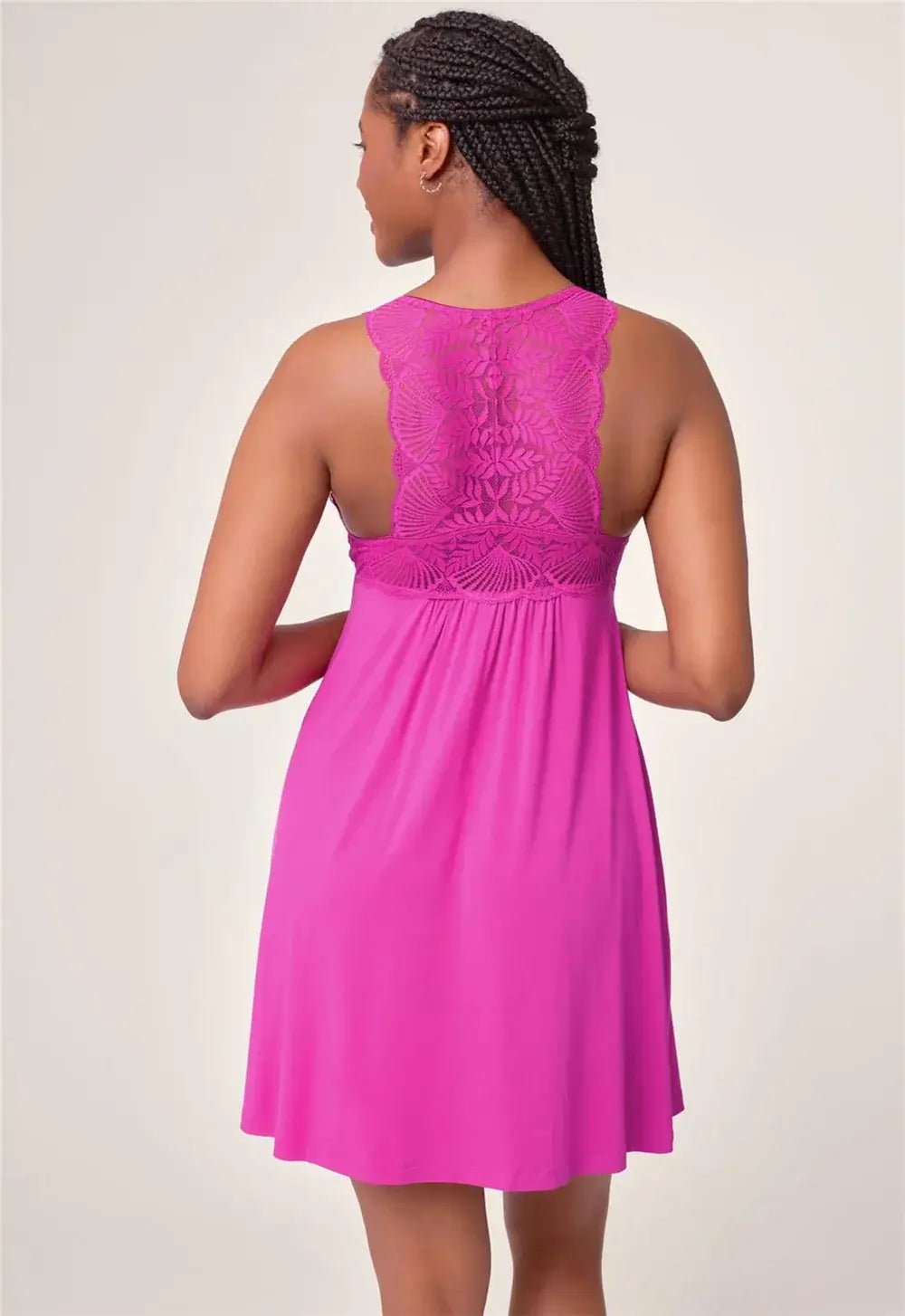Fleurt by Montelle Belle Époque Full Chemise in Passion Fruit Pink. Shown on model against light background in a Back View profile