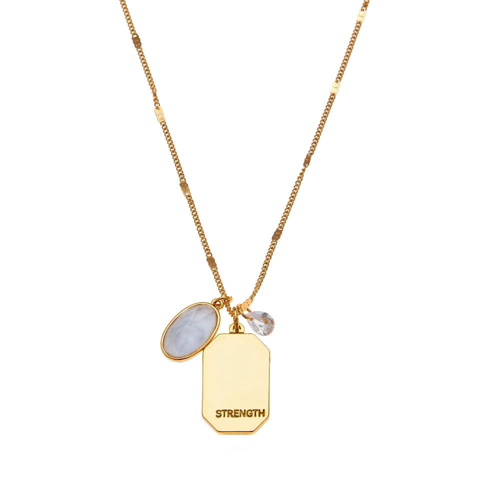 Birthstone Charm Necklace in 14k Plated Gold featuring April quartz and 'Strength' intention word by Foxy Originals.
