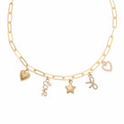 Bella Charm Necklace in 14K Gold featuring heart, star, bow, and pearl charms on a paperclip chain.