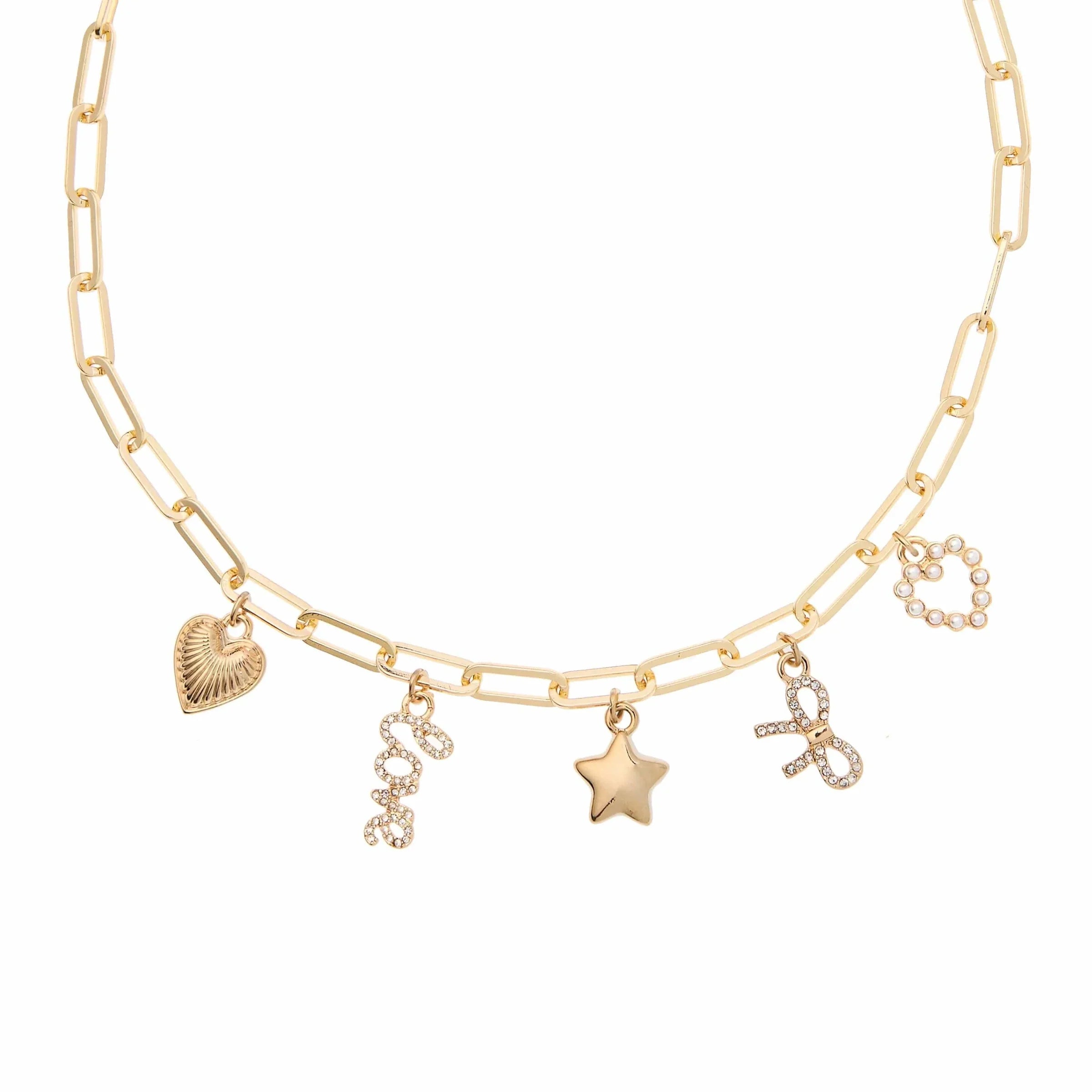 Bella Charm Necklace in 14K Gold featuring heart, star, bow, and pearl charms on a paperclip chain.