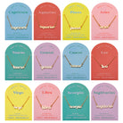 all-groups Zodiac Script Necklace in 14K Plated Gold featuring astrological signs on colorful cards